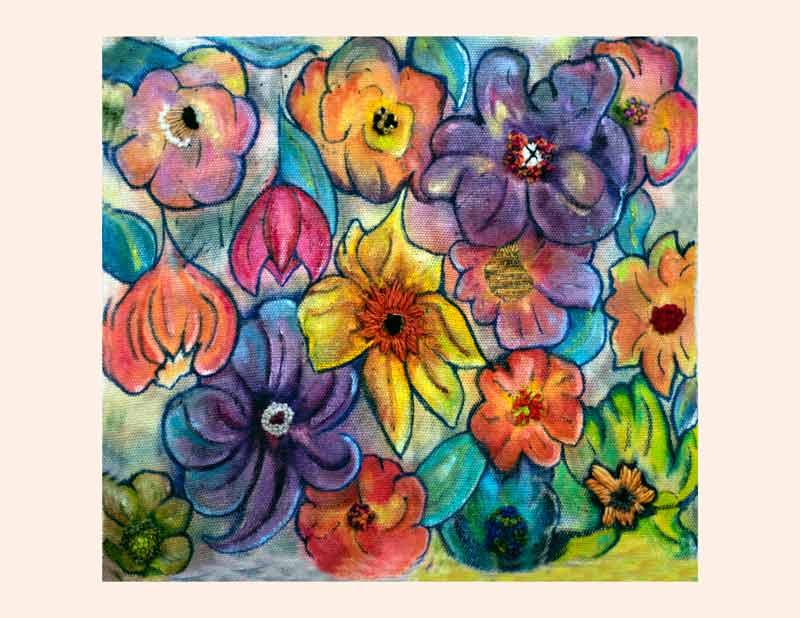 Art Kelly McLeod acrylic and stitching Laurie's Bouquet